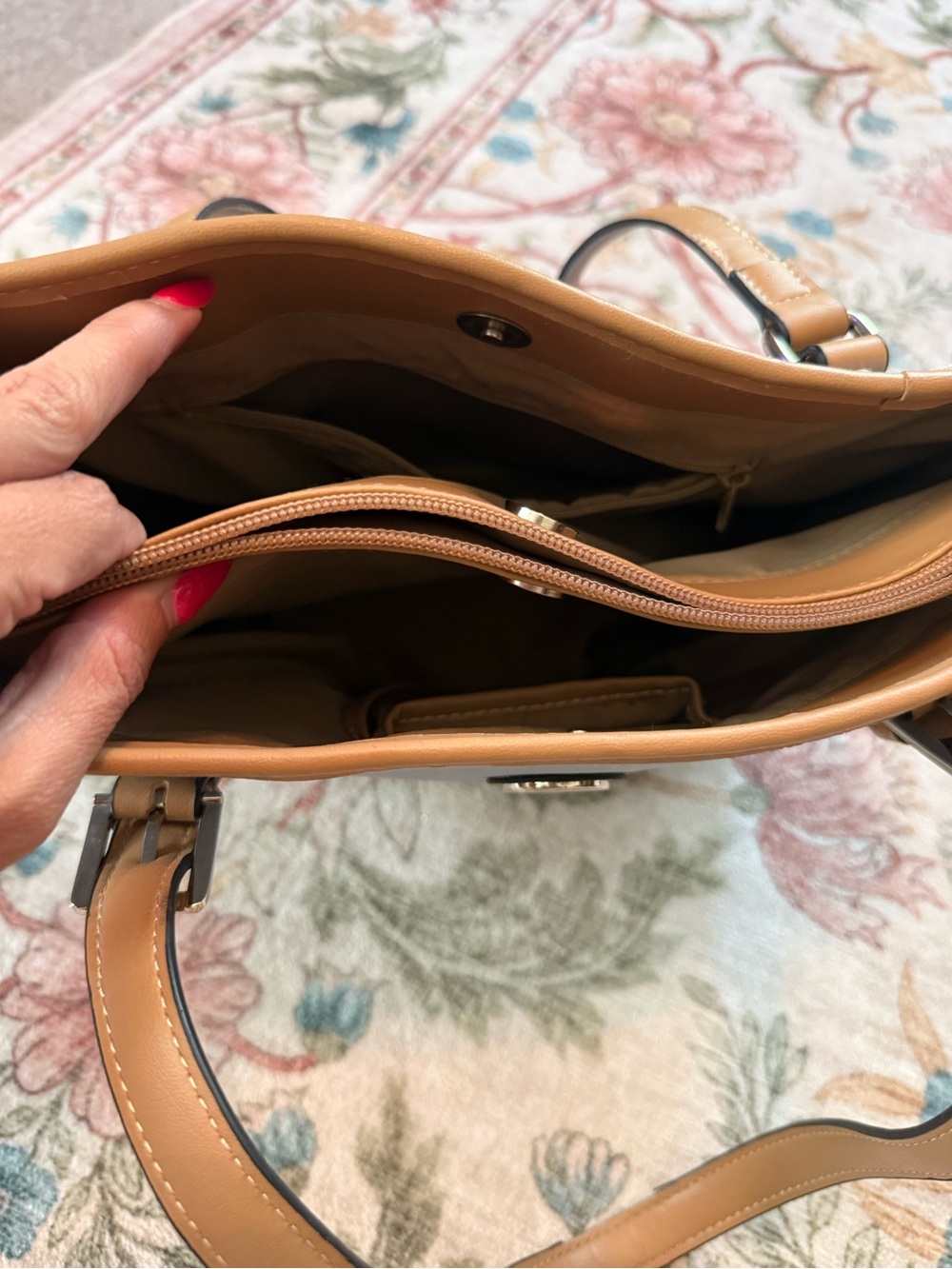 Light Blue and Tan Shoulder Tote with Circle Logo Accent - Picture 7 of 11